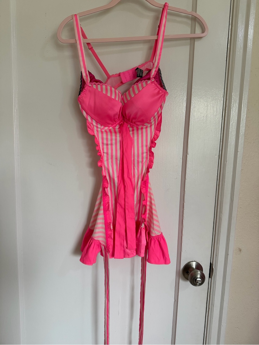 Victoria’s Secret Shortie Nights Pink Stripe Satin Babydoll Lingerie 36B